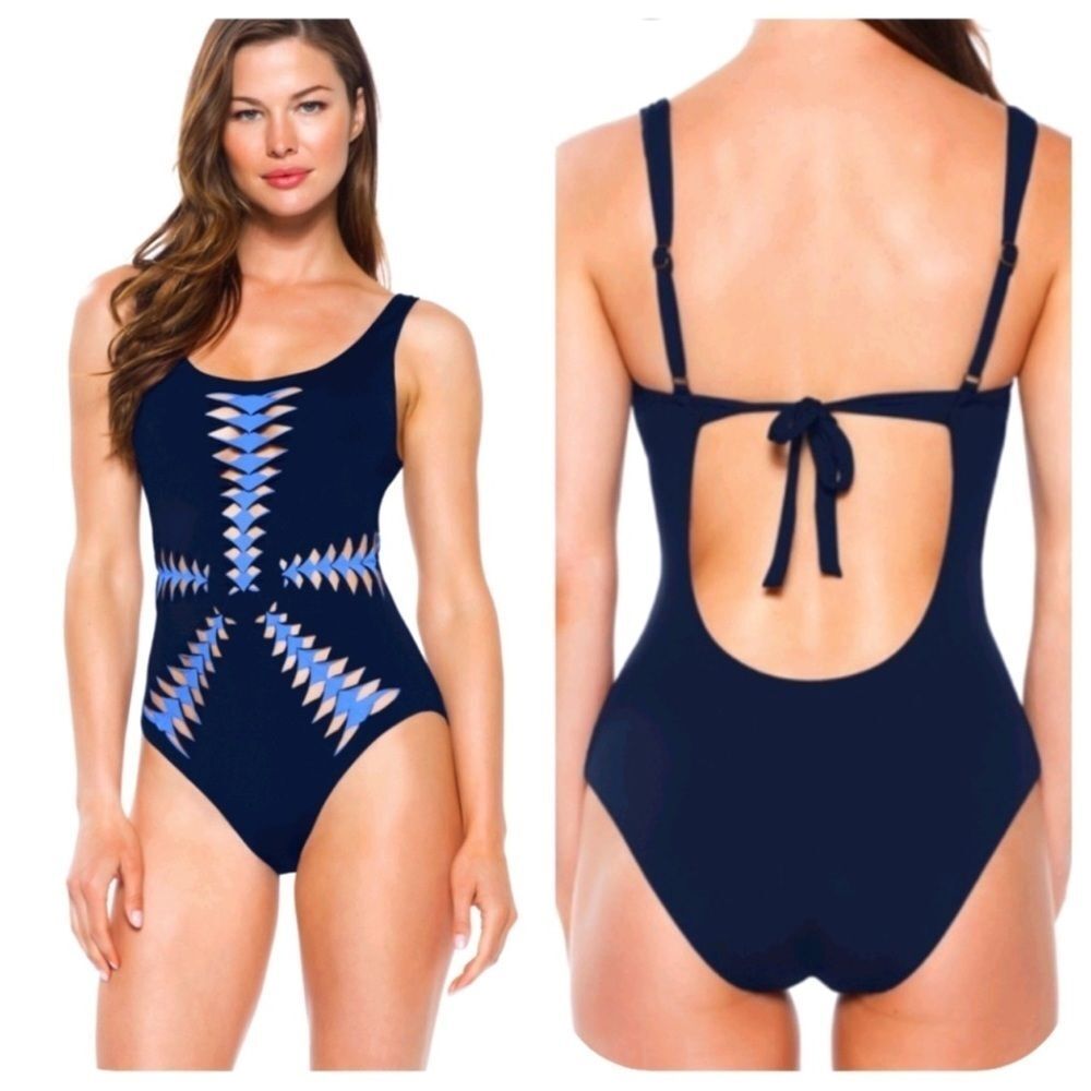 Becca Origami Cutout One Piece Sexy Boho Two Tone Backless Swimsuit Blue